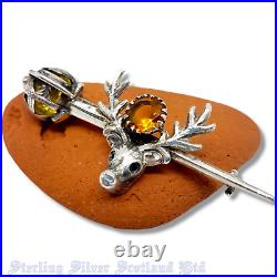 1915 Sterling Silver & Citrine Scottish Sword + Stag Deer Brooch Adie & Lovekin