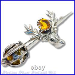 1915 Sterling Silver & Citrine Scottish Sword + Stag Deer Brooch Adie & Lovekin