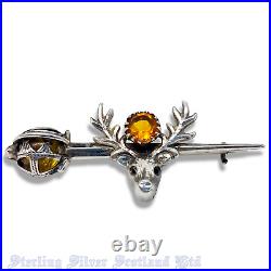 1915 Sterling Silver & Citrine Scottish Sword + Stag Deer Brooch Adie & Lovekin