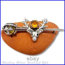 1915 Sterling Silver & Citrine Scottish Sword + Stag Deer Brooch Adie & Lovekin