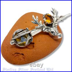 1915 Sterling Silver & Citrine Scottish Sword + Stag Deer Brooch Adie & Lovekin