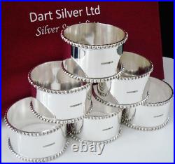 6 Cased Scottish NEW Sterling Silver Beaded Napkin Rings, Edinburgh 2024