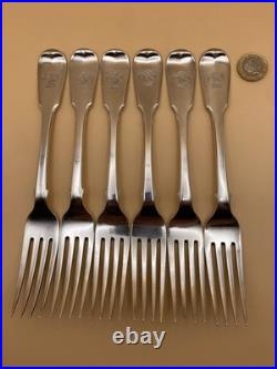 6 FAB SCOTTISH STERLING SILVER TABLE FORKS WILLIAM IV 1835, ANDREW WILKIE 497g