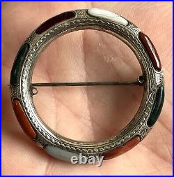 925 Sterling Silver Victorian Scottish Agate Plaid Brooch Fully Functional