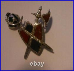 ANTIQUE Large Scottish Sterling Silver Shield, Axe, Sword Brooch with Agate