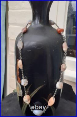 ANTIQUE SCOTTISH SILVER and Polished HARDSTONE NECKLACE 63cm Inch