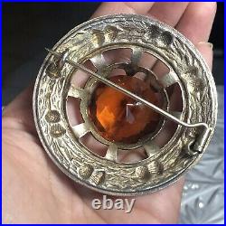 ANTIQUE STERLING SCOTTISH THISTLE Large CITRINE PIN MARKED GREAT BRITAIN BROOCH