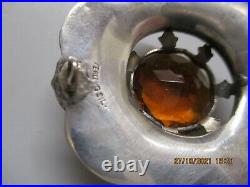 ANTIQUE STERLING SILVER, SCOTTISH BROOCH and CITRINE + AGATES, ROUND. 5 CM