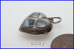 ANTIQUE VICTORIAN SCOTTISH SILVER MONTROSE LACE AGATE PUFFED HEART CHARM c1890