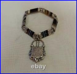 ANTIQUE VICTORIAN SILVER SCOTTISH BANDED AGATE BRACELET & PADLOCK c1860s 1890s