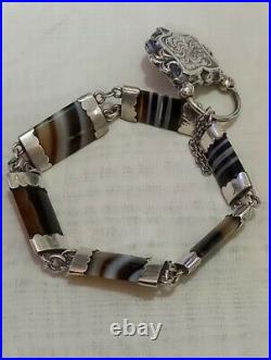 ANTIQUE VICTORIAN SILVER SCOTTISH BANDED AGATE BRACELET & PADLOCK c1860s 1890s