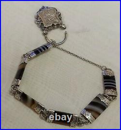 ANTIQUE VICTORIAN SILVER SCOTTISH BANDED AGATE BRACELET & PADLOCK c1860s 1890s