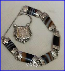 ANTIQUE VICTORIAN SILVER SCOTTISH BANDED AGATE BRACELET & PADLOCK c1860s 1890s