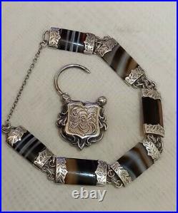 ANTIQUE VICTORIAN SILVER SCOTTISH BANDED AGATE BRACELET & PADLOCK c1860s 1890s