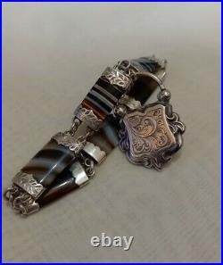 ANTIQUE VICTORIAN SILVER SCOTTISH BANDED AGATE BRACELET & PADLOCK c1860s 1890s