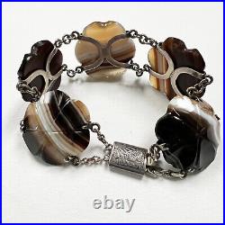 ANTIQUE Victorian SCOTTISH PEBBLE AGATE + STERLING SILVER BRACELET banded CARVED