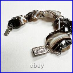 ANTIQUE Victorian SCOTTISH PEBBLE AGATE + STERLING SILVER BRACELET banded CARVED