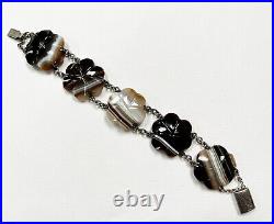 ANTIQUE Victorian SCOTTISH PEBBLE AGATE + STERLING SILVER BRACELET banded CARVED