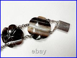 ANTIQUE Victorian SCOTTISH PEBBLE AGATE + STERLING SILVER BRACELET banded CARVED