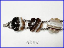 ANTIQUE Victorian SCOTTISH PEBBLE AGATE + STERLING SILVER BRACELET banded CARVED