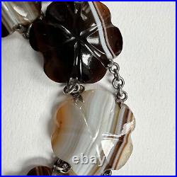 ANTIQUE Victorian SCOTTISH PEBBLE AGATE + STERLING SILVER BRACELET banded CARVED