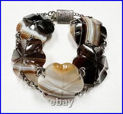 ANTIQUE Victorian SCOTTISH PEBBLE AGATE + STERLING SILVER BRACELET banded CARVED