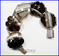 ANTIQUE Victorian SCOTTISH PEBBLE AGATE + STERLING SILVER BRACELET banded CARVED