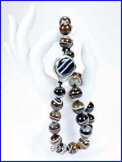 ANTIQUE Victorian Scottish Banded Agate Bead Necklace with Sterling Silver Clasp