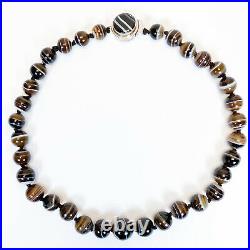 ANTIQUE Victorian Scottish Banded Agate Bead Necklace with Sterling Silver Clasp