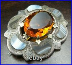 Antique 1860 Scottish Sterling Silver, Citrine & Montrose Agate Cairngorm Brooch