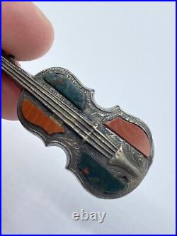 Antique 1860s Victorian Scottish Silver Cello Red & Green Agate Brooch