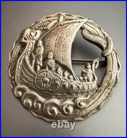 Antique 1920 Iona Viking Ship Danish Scottish Sterling Silver Brooch Pin 4.2cm Ø Antique 1920 Iona Viking Ship Danish Scottish Sterling Silver Brooch Pin 4.2cm Ø