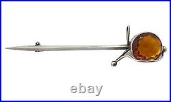 Antique Art Deco Scottish Sterling Silver Cairngorm Glass Sword Kilt Pin Brooch