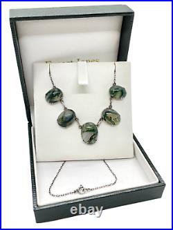 Antique Art Deco Scottish Sterling Silver Moss Agate Chain Choker Necklace