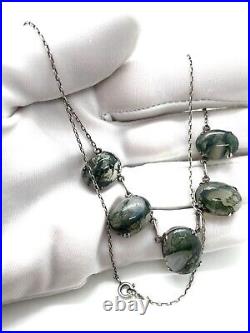 Antique Art Deco Scottish Sterling Silver Moss Agate Chain Choker Necklace