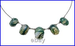 Antique Art Deco Scottish Sterling Silver Moss Agate Chain Choker Necklace