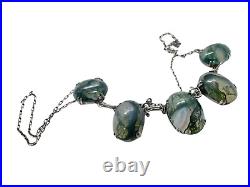 Antique Art Deco Scottish Sterling Silver Moss Agate Chain Choker Necklace