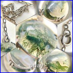 Antique Art Deco Scottish Sterling Silver Moss Agate Chain Choker Necklace