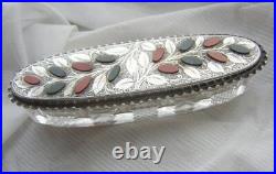 Antique Edwardian 1904 Sterling SILVER Scottish AGATE Cut Glass Trinket Box Dish