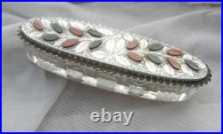 Antique Edwardian 1904 Sterling SILVER Scottish AGATE Cut Glass Trinket Box Dish