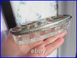 Antique Edwardian 1904 Sterling SILVER Scottish AGATE Cut Glass Trinket Box Dish