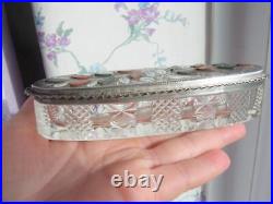 Antique Edwardian 1904 Sterling SILVER Scottish AGATE Cut Glass Trinket Box Dish