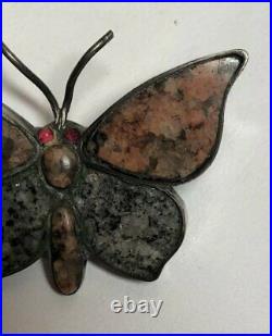 Antique English Sterling Silver Scottish Granite & Red Paste Butterfly Brooch