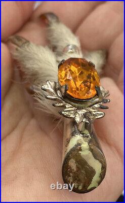 Antique Hallmarked Sterling Silver Stag Head Scottish Grouse Claw Citrine Brooch