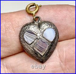 Antique Heart Charm, Sterling silver and Scottish Agate, Pendant Fob