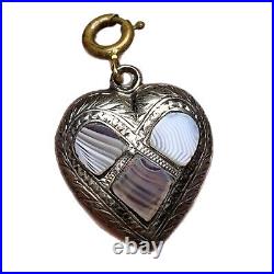Antique Heart Charm, Sterling silver and Scottish Agate, Pendant Fob