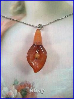 Antique Jewellery Scottish Banded Agate Lily Pendant Sterling Chain Necklace