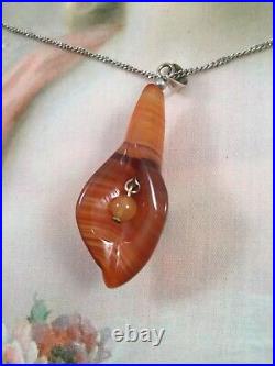 Antique Jewellery Scottish Banded Agate Lily Pendant Sterling Chain Necklace