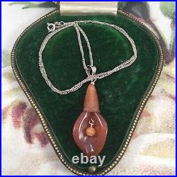 Antique Jewellery Scottish Banded Agate Lily Pendant Sterling Chain Necklace