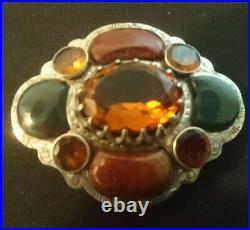 Antique Magnificent Scottish Silver Brooch with Citrine, Agate, Circa 1880